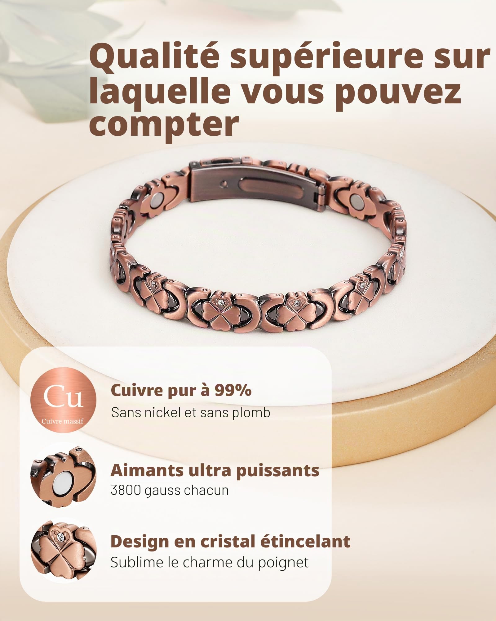 Jeracol Bracelet en cuivre pur pour femme, bracelet magnétique ultra résistant avec aimants en néodyme et oxyde de zirconium étincelant, réglable, bijou trèfle porte-bonheur