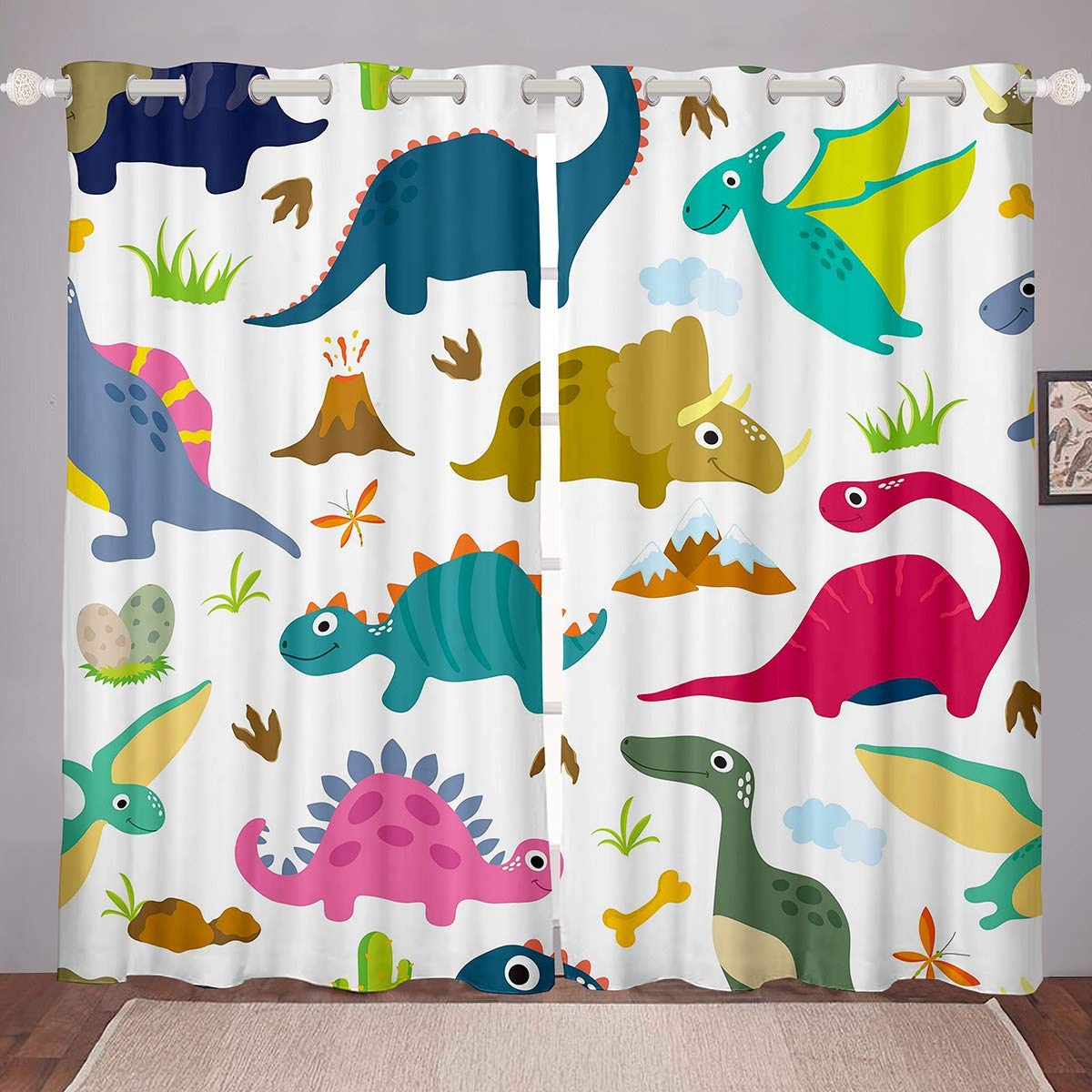 Loussiesd Boys Colour 15 Kids Dinosaur Window Curtain Girls Cartoon Dinosaur Print Curtains For Bedroom Child Cute Animal Pattern Blackout Curtains 3D Dinosaur Darkening Thermal Drapes W66*L90,2 Panel Set