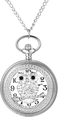 Avaner Womens Pocket Watch Skeleton Owl Pocket Watches Pendant Necklace Rhinestone Watch
