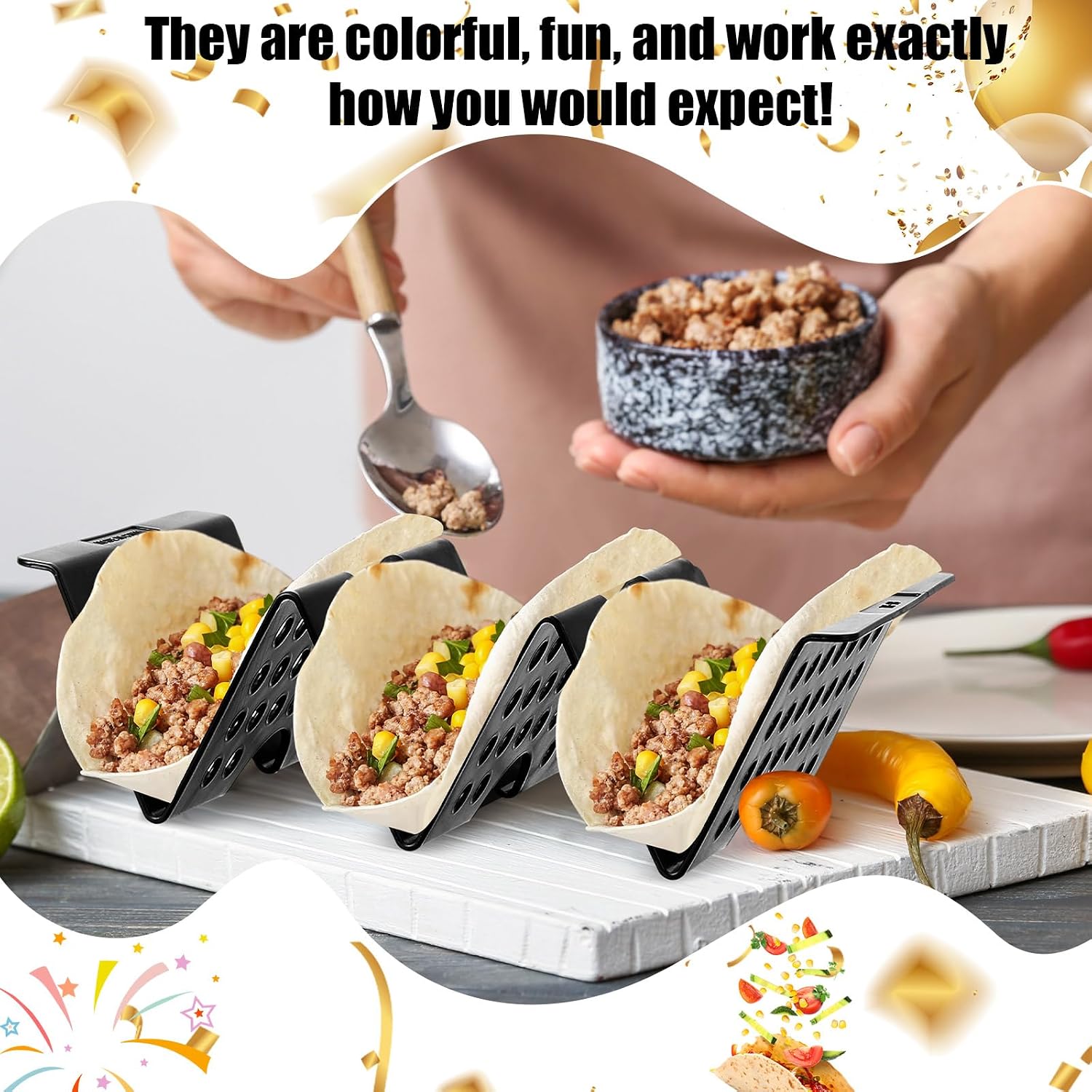 Baderke 6 Pcs Taco Holder Stands Black Large Taco Shell Tray Plates