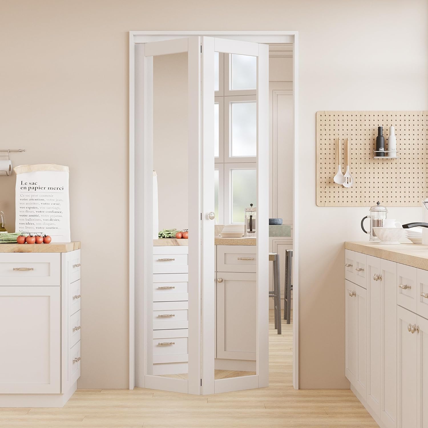 Bifold Doors, 36" x 80" Mirrored Door with Knob & Hardware Kit, Interior Folding Pantry/Closet Door, Wood Texture Panels with One Side HD Thicken Mirror, Easy Install