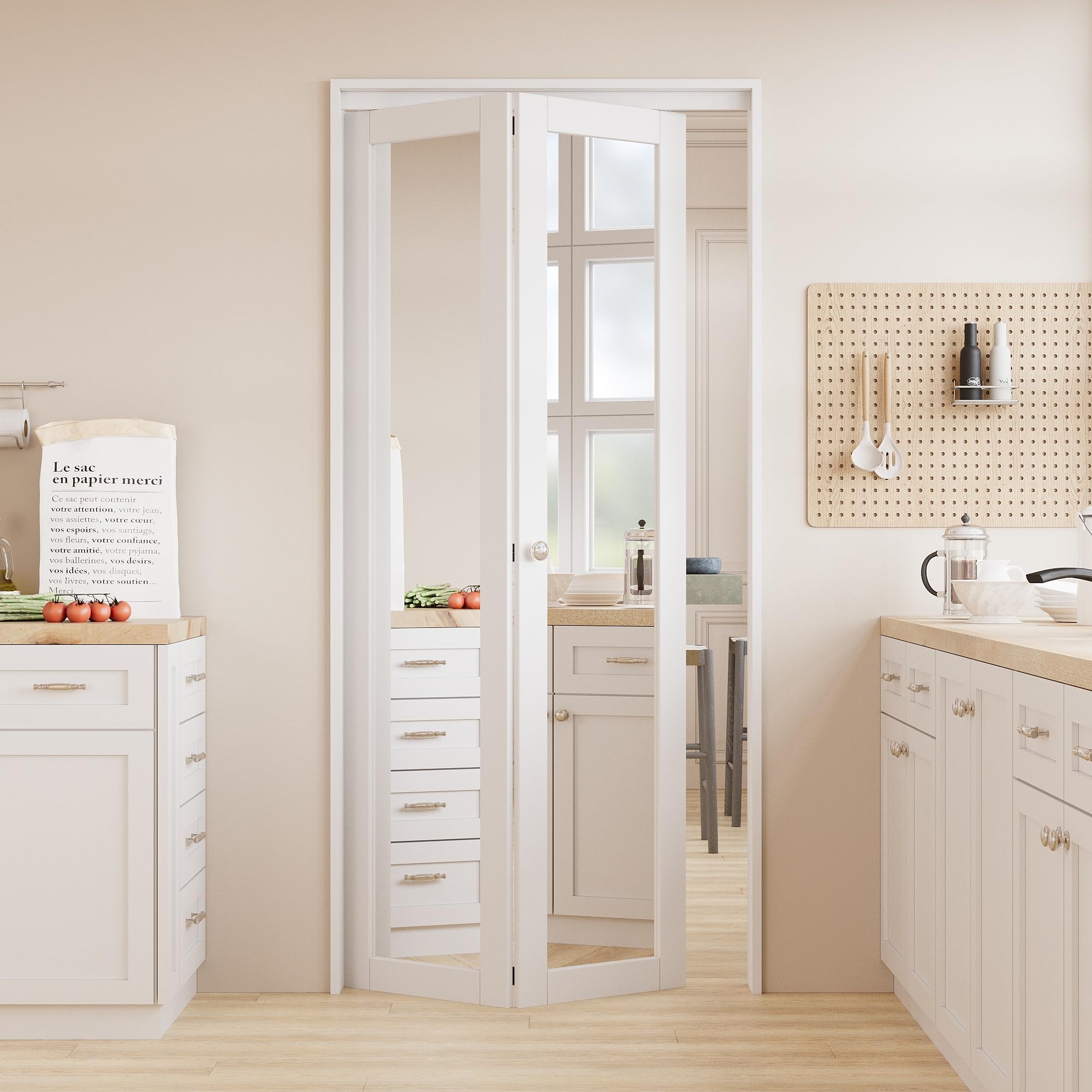 Bifold Doors, 36" x 80" Mirrored Door with Knob & Hardware Kit, Interior Folding Pantry/Closet Door, Wood Texture Panels with One Side HD Thicken Mirror, Easy Install