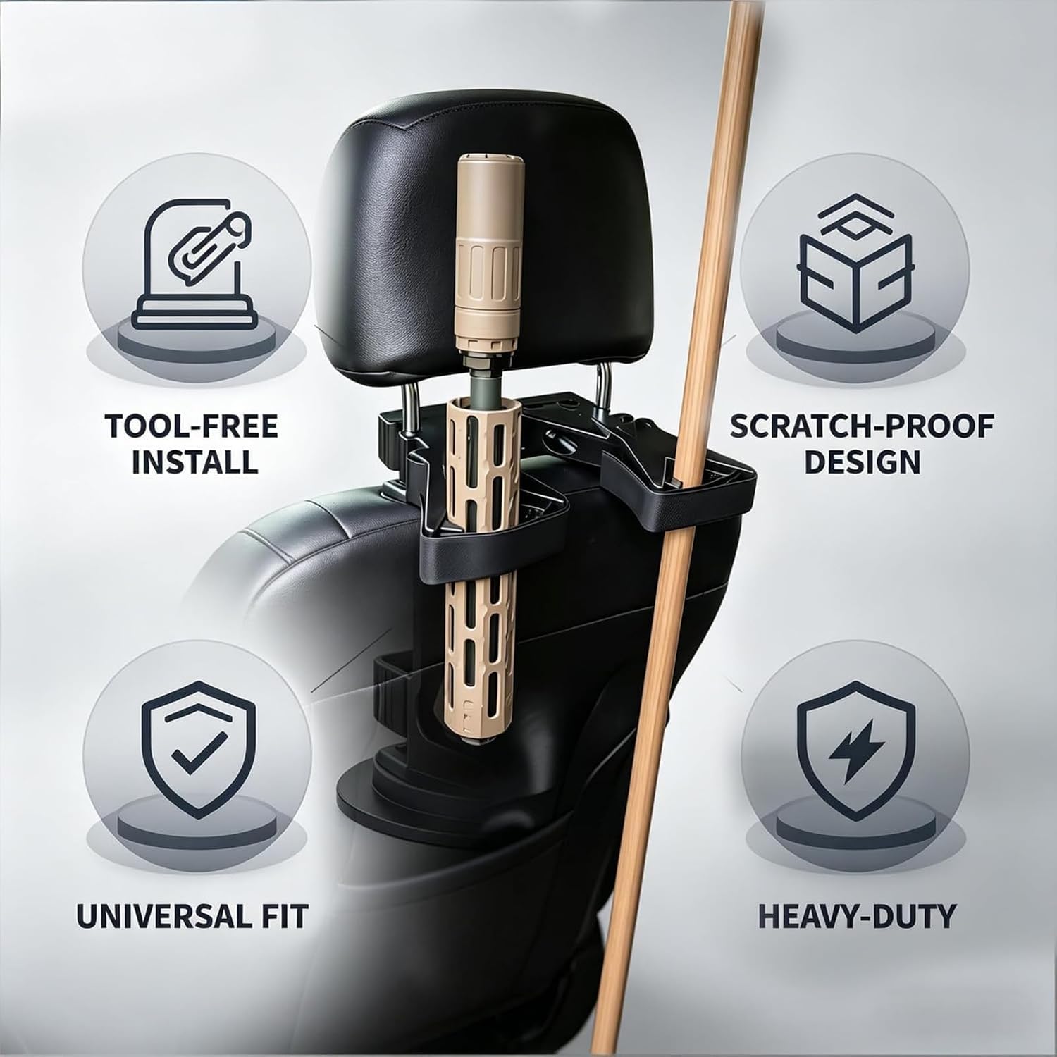 The Ultimate Universal Seat Back Gun Rack, Adjustable Vehicle Rifle Holder, Seat Back Easy to Install Vertical Guns Holder, Auto Front Headrest Mount for Trucks, Cars & SUVs