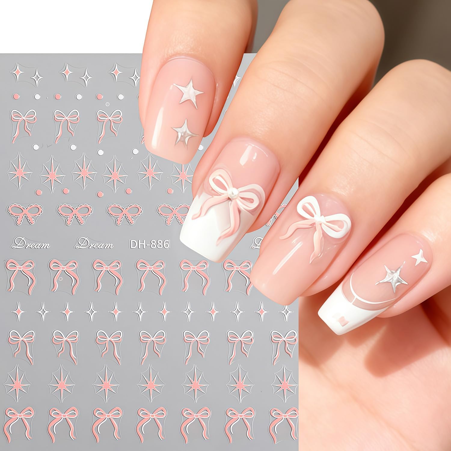 Bow Nail Art Stickers Valentines Nail Decals 3D Self Adhesive Black Blue Pink Bow Starlight Nail Stickers Cute Bows Nails Sticker Decals for Women Holiday Valentines DIY Manicure Decoration 6 Sheets