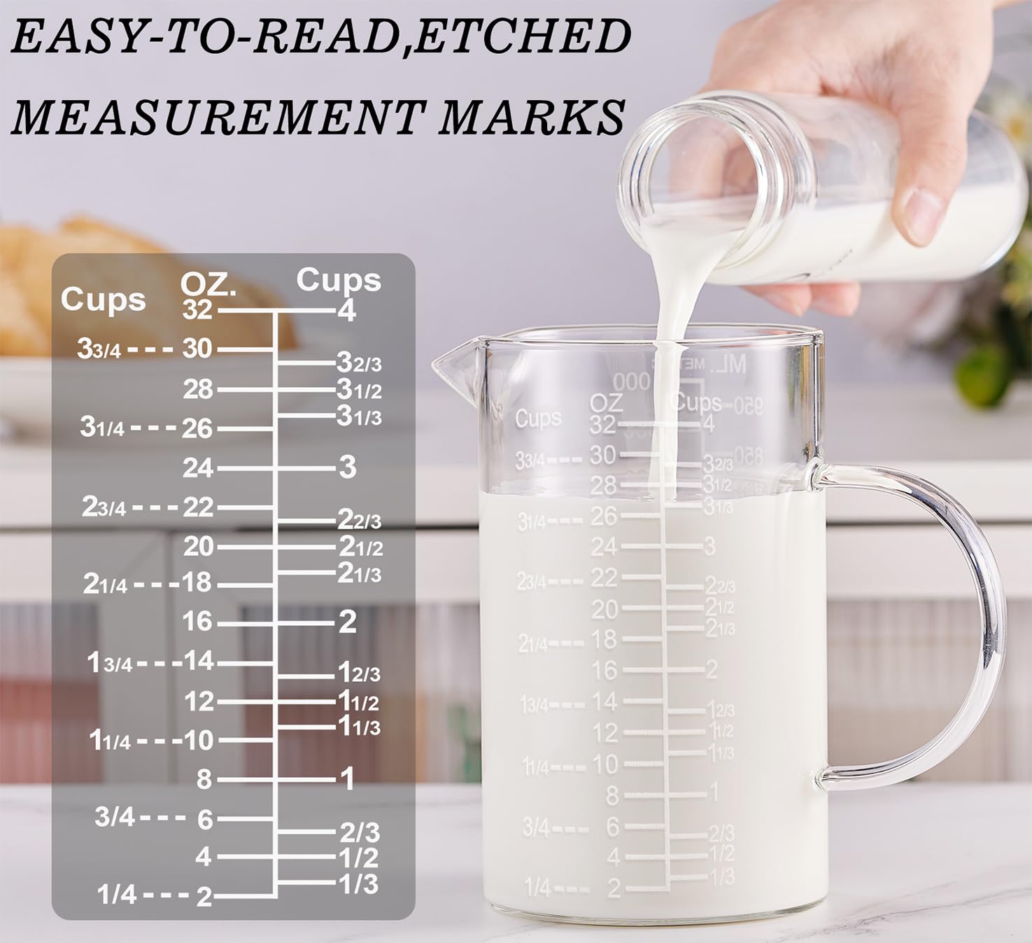 Taza medidora de vidrio graduado grabado, mango aislado, boquilla en forma de V, taza medidora de vidrio de borosilicato alto para cocina o comedor, fácil de leer, 32 onzas, 4 tazas
