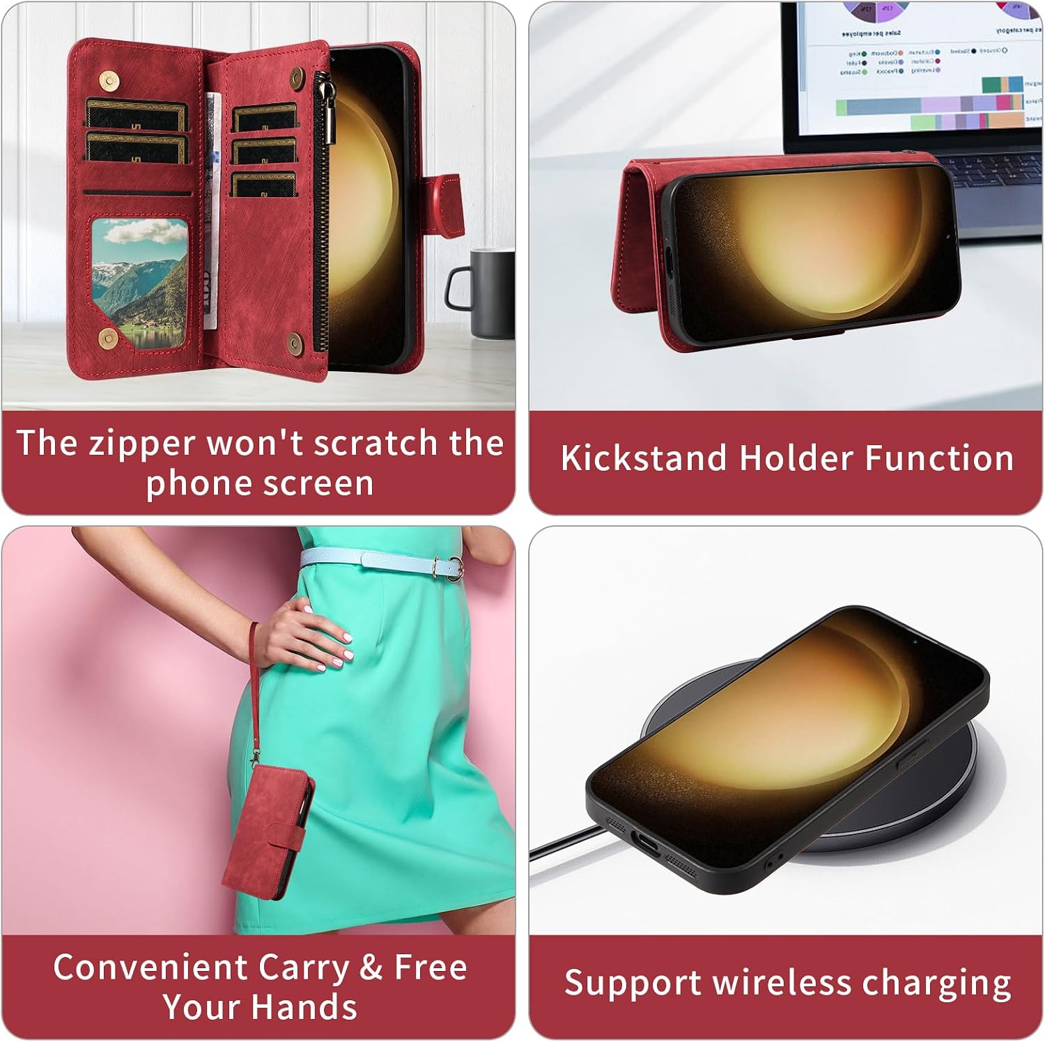 Phone Case for Samsung Galaxy S23 Plus S23+ 5G Zipper Wallet Detachable Magnetic Cover with Tempered Glass Screen Protector Crossbody Lanyard Card Holder S23plus 23S + S 23 23+ SM-S916U 6.6 inch Red