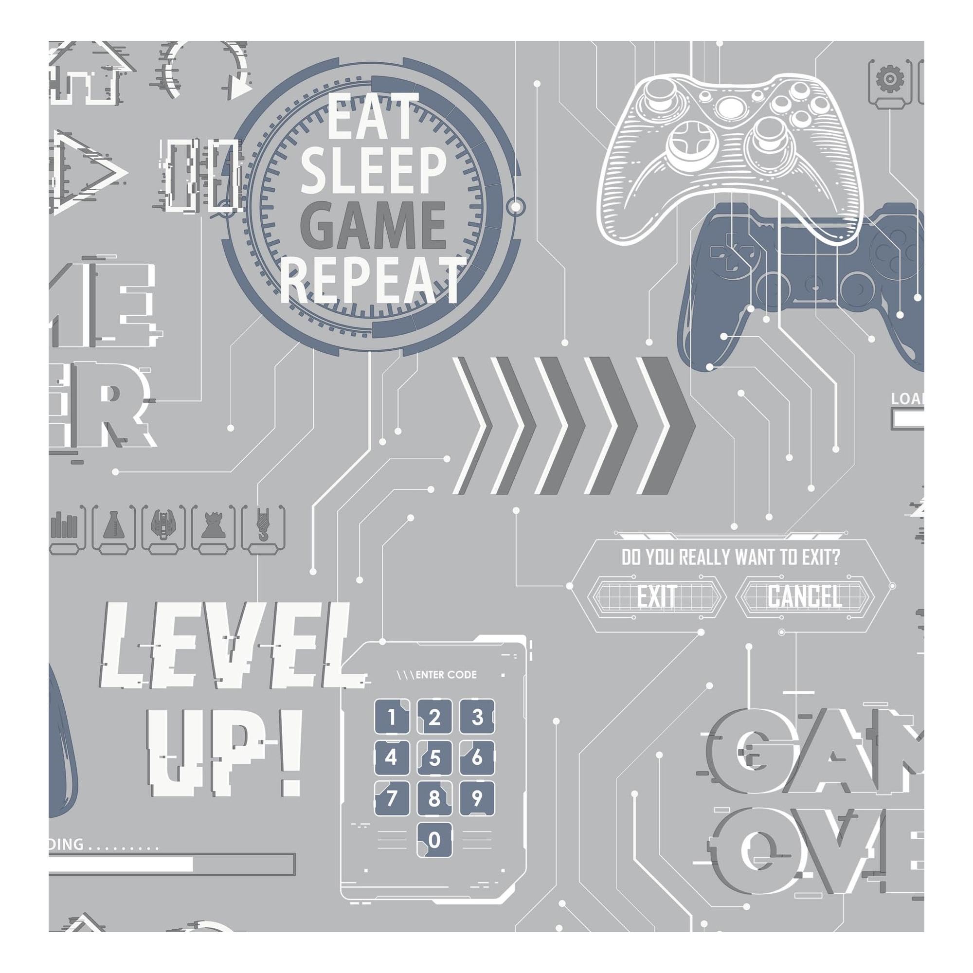 Fresco Game Over Grey & Navy Wallpaper | Grey Novelty Kids Wallcovering | Eco-Friendly Wallpaper