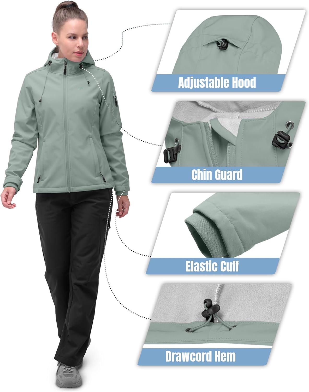 33,000ft Women's Softshell Jacket, Fleece Lined Warm Jacket Light Hooded Windproof Coat for Outdoor Hiking