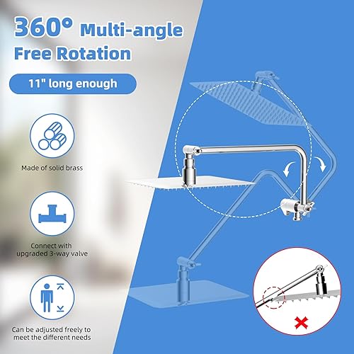 Miniatura 6 de Combo de cabezal de ducha de alta presión, cabezal de ducha de 8 pulgadas con brazo de extensión ajustable de 11 pulgadas, cabezal de ducha de mano