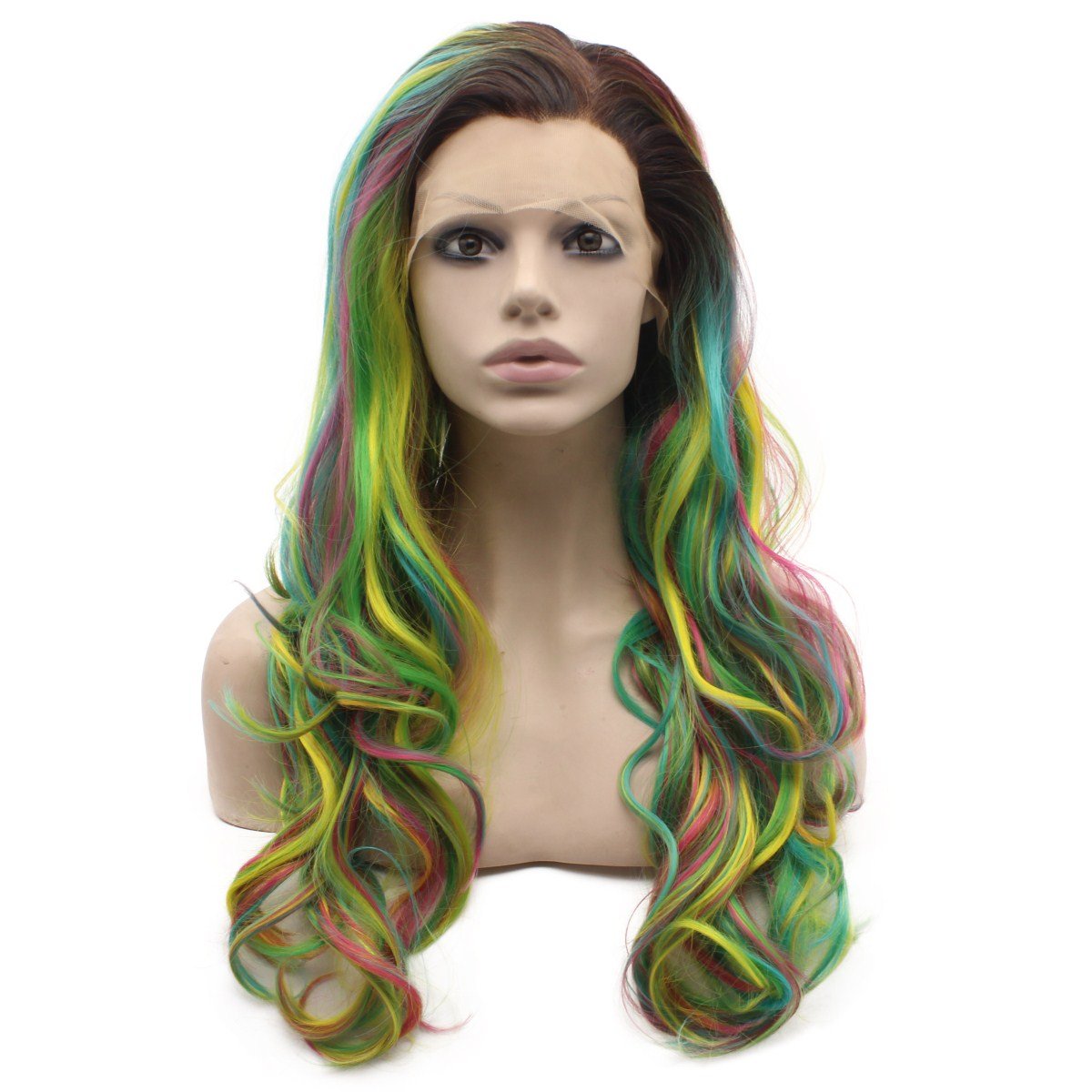 MX angel Long Wavy Hand Tied Swiss Lace Front Green Wig Synthetic