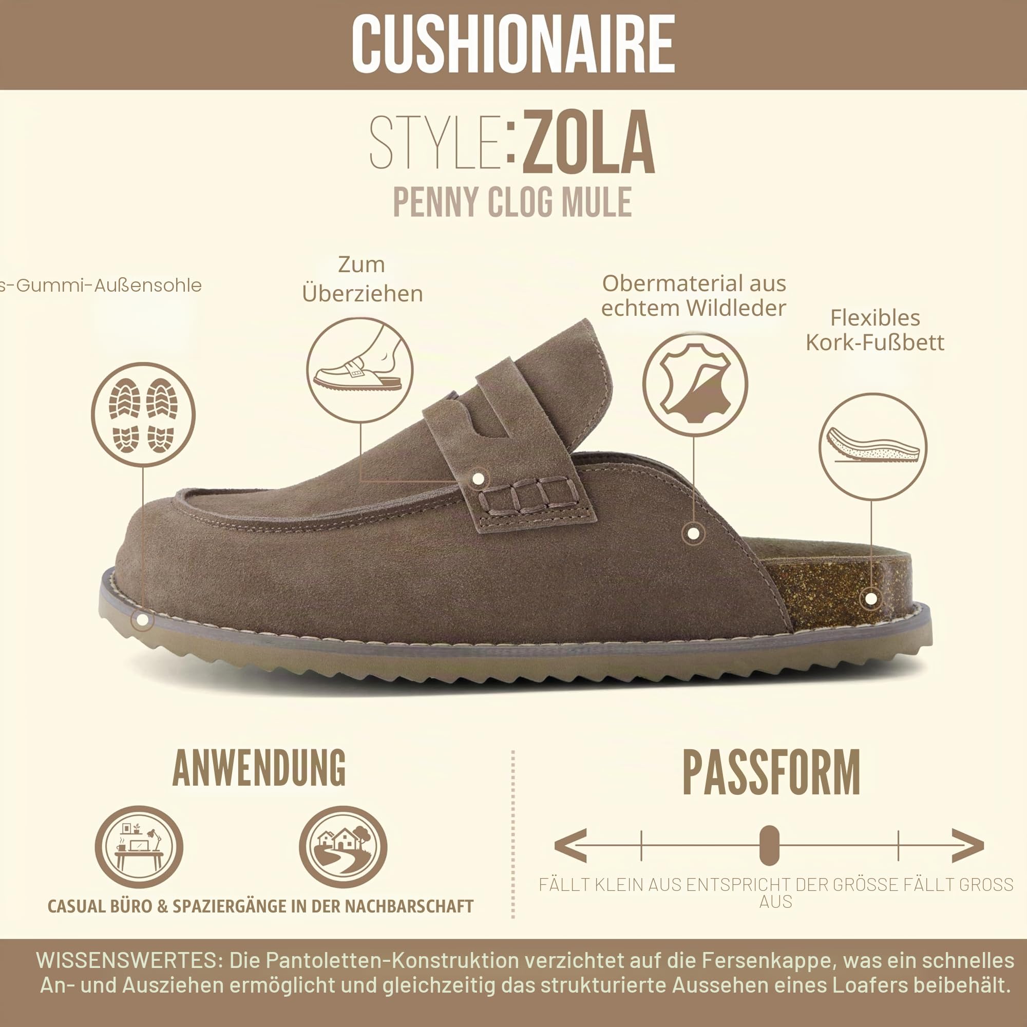CUSHIONAIRE Zola Penny Clog Mule – Hausschuhe aus Wildleder mit Memory-Schaum, Kork-Einlegesohle und Flexibler Sohle