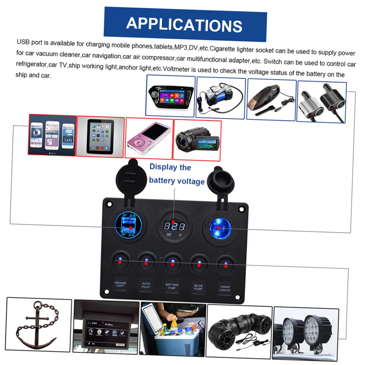24v Car Boat Rv Combination Panel Rocker Switch Lighter Socket USB Car Charger Voltmeter