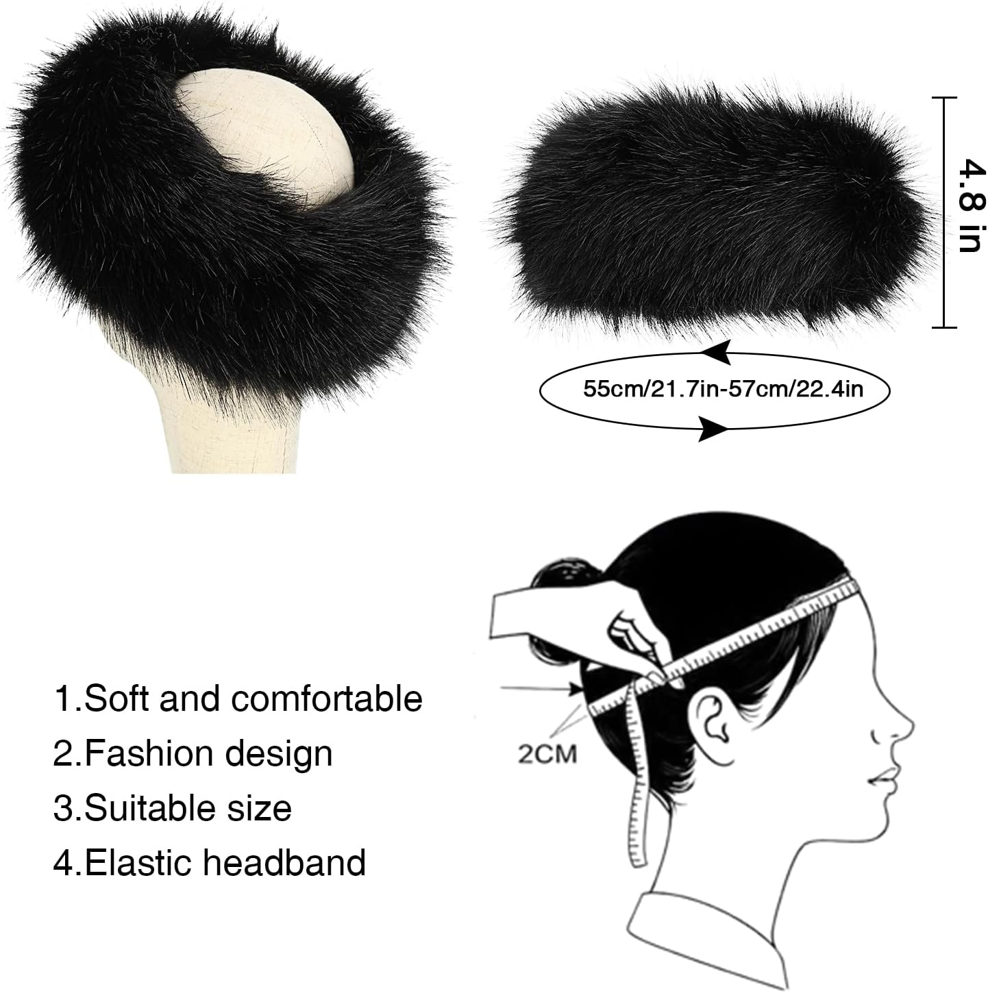 2 Pieces Women Faux Fur Headband with Elastic Winter Earwarmer Earmuff Ski Hat - Image 2