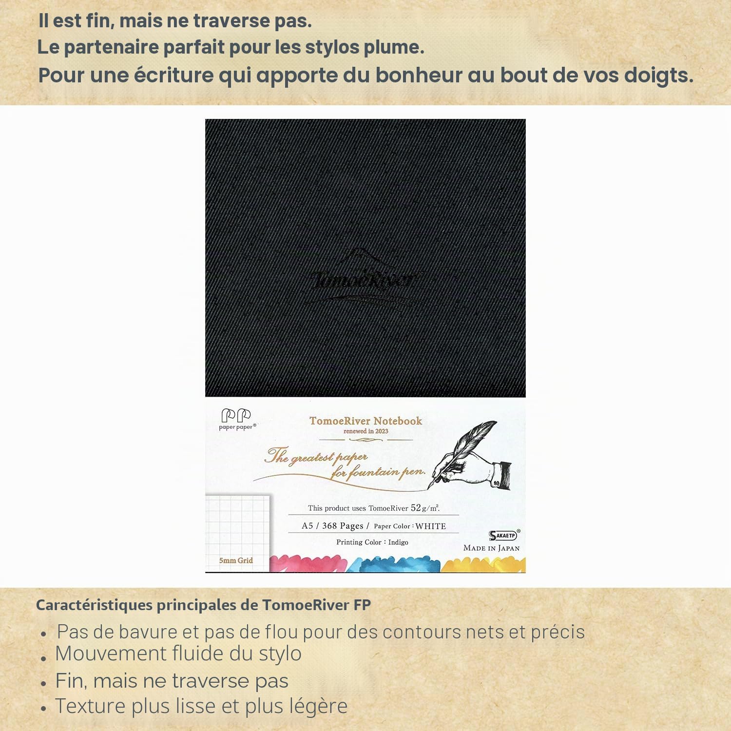 SAKAEテクニカルペーパー SR-A5HBW Tomoe River FP Cahier de notes 52 g/m² 14,9 x 21 cm, 368 pages (184 feuilles), couverture rigide, quadrillé 5 mm, relié, blanc