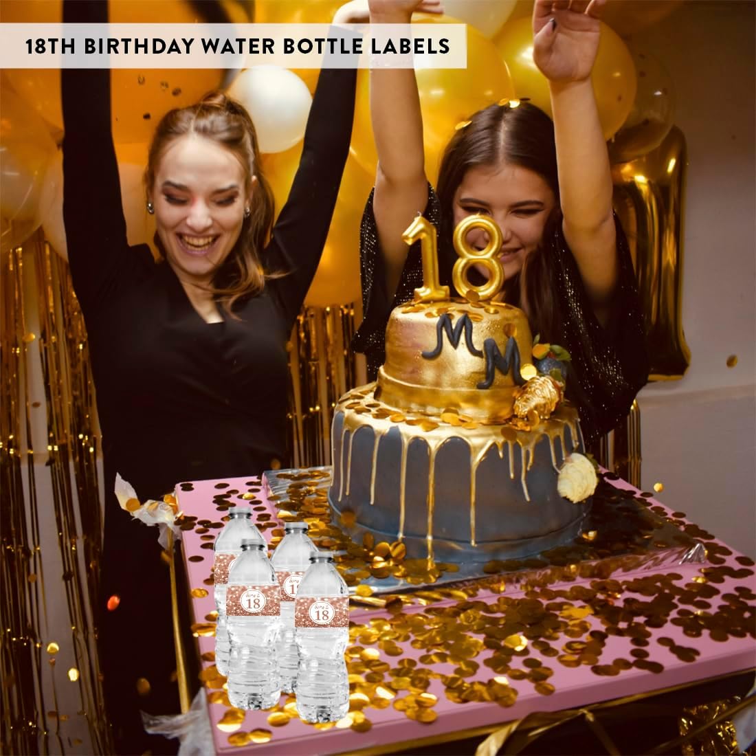 Andaz Press Glitzy Faux Glitter Rose Gold Water Bottle Labels Stickers, Cheers to 18, 18th Birthday Water Bottle Labels Anniversary 18th Birthday Decorations for Women Birthday Party Favors, 20-Pack
