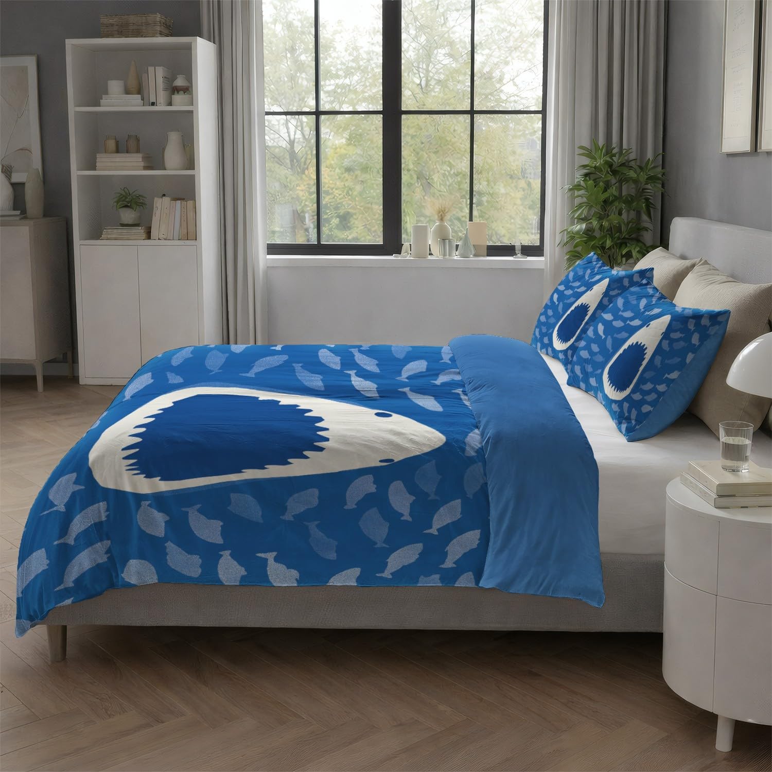Funda Nordica Cama 90 Ropa de Cama Dibujos Animados Animales Tiburón de Compañía 2 pezzi Suave Reversible Microfibra por Funda Nórdica 135 x 200 cm + Fundas de Almohada 50x75 Azul