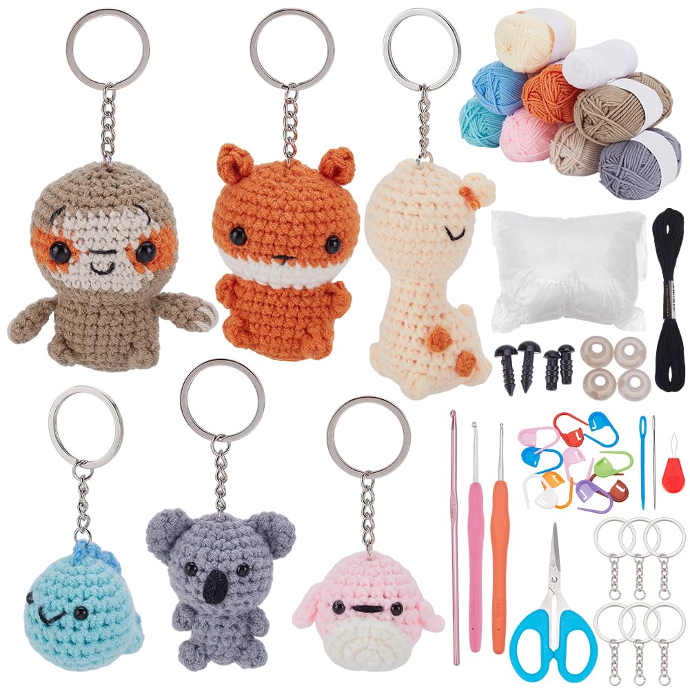 ACRNIGHEET Crochet Kit for Beginners Keychain 6PCS Crochet Animals Keychain Beginner Crochet Kit with Step-by-Step Video Tutorials and Accessories, DIY Knitting Supplies for Handicraft Enthusiasts
