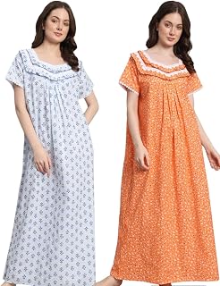 Sephani Women's 100% Cotton Printed Maxi Nightgown Half Sleeves Long Nighty Sleepwear for Ladies Color 2 Pcs Price In India