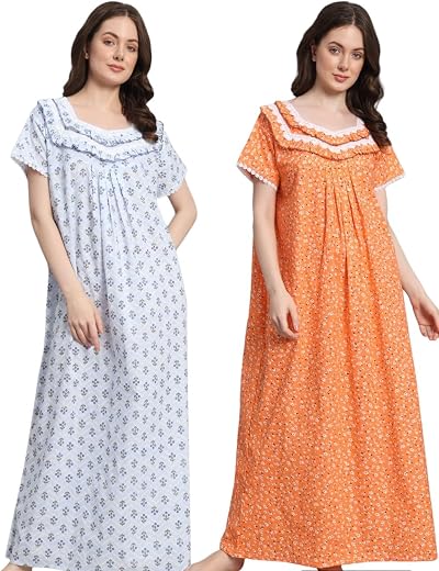 Sephani Women's 100% Cotton Printed Maxi Nightgown Half Sleeves Long Nighty Sleepwear for Ladies Color 2 Pcs