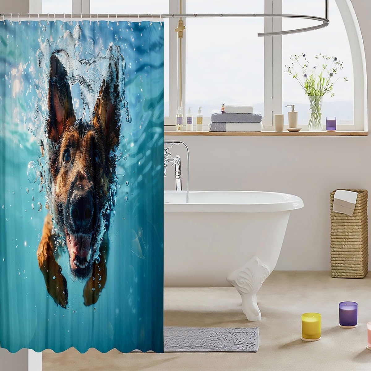 jejeloiu German Sheperd Dog Shower Curtain for Bathroom Decor 72" L x 72" W Kids Cute Dog Pet Bath Curtain Diving Underwater Swimming Bathroom Accessories Polyester image 3