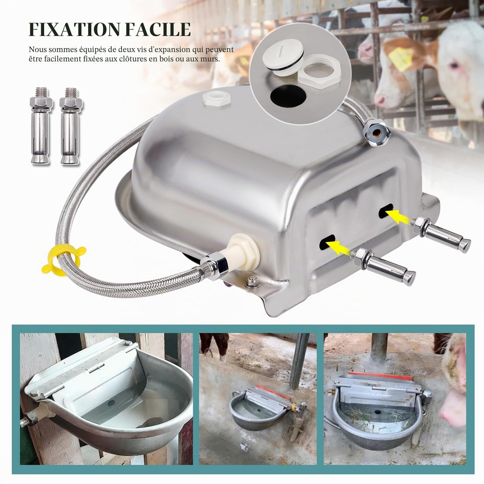 Abreuvoir automatique en acier inoxydable avec trou de drainage et tuyau tressé de 80 cm pour bovins, chevaux, moutons, chèvres, chiens