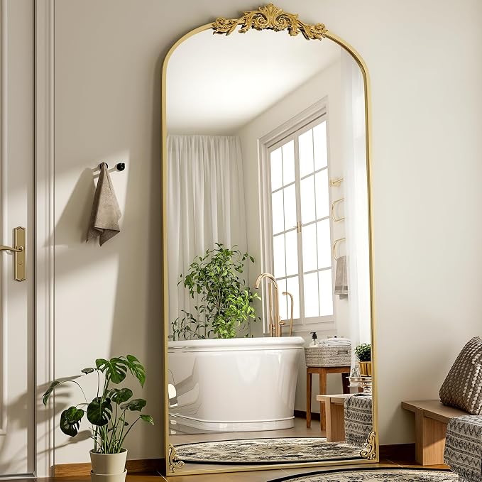 GLSLAND Oversized Vintage Mirror - 72"x 44" Full Length Mirror Large Carved Arched Mirrors with Metal Frame Baroque Full Body for Bathroom/Living Room/Entryway,Gold