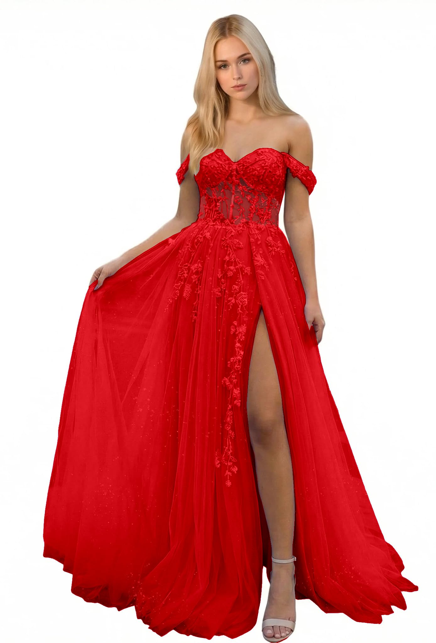 Bxqmzl Glittery Tulle Off Shoulder Prom Dresses 2026 with Slit Lace Appliques A Line Formal Evening Dresses