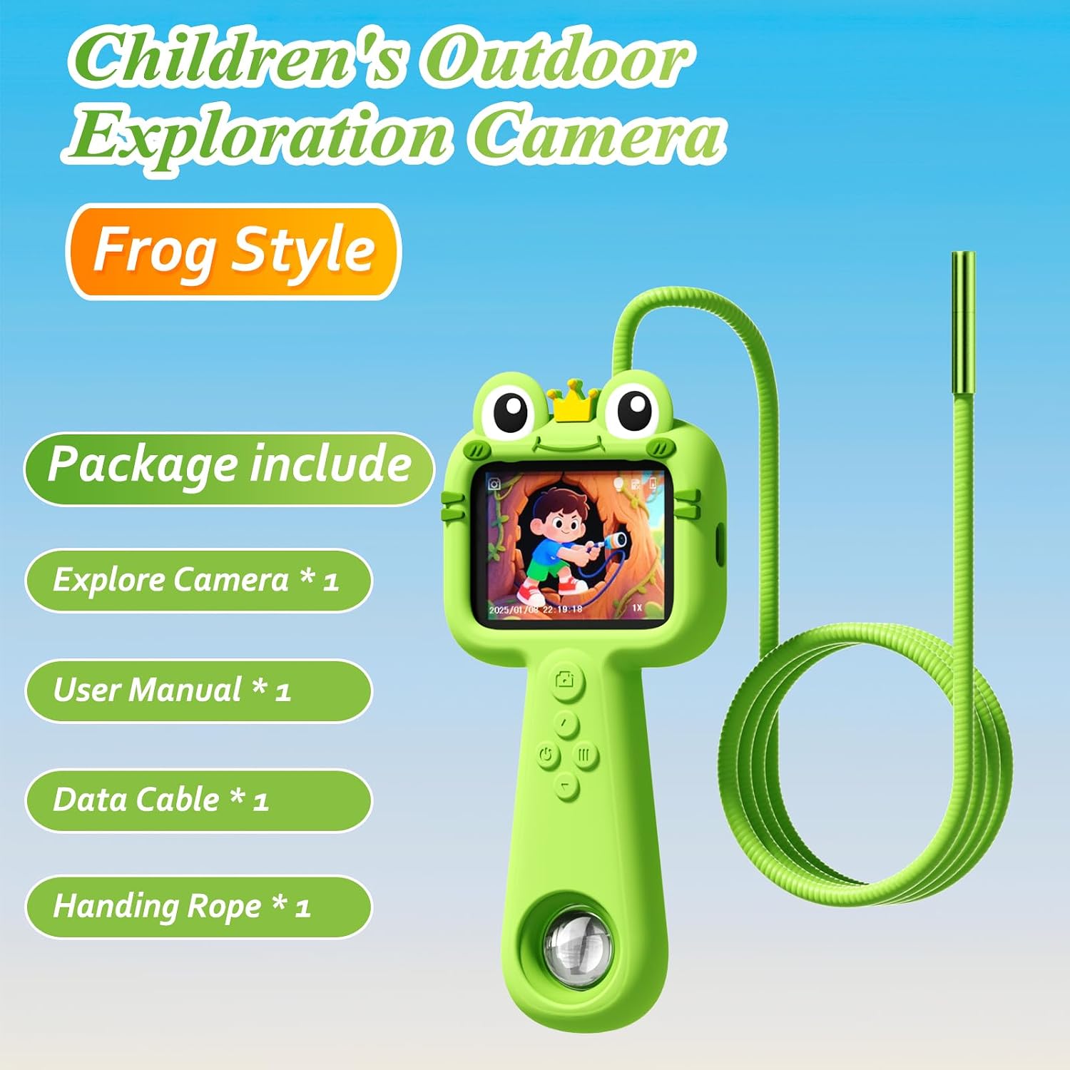 Kids Endoscope Camera with Flexible Tube Lights, Green Frog Design Borescope Snake Camera Children's Exploration Tool for Ages 4-12 Boys Girls Gifts