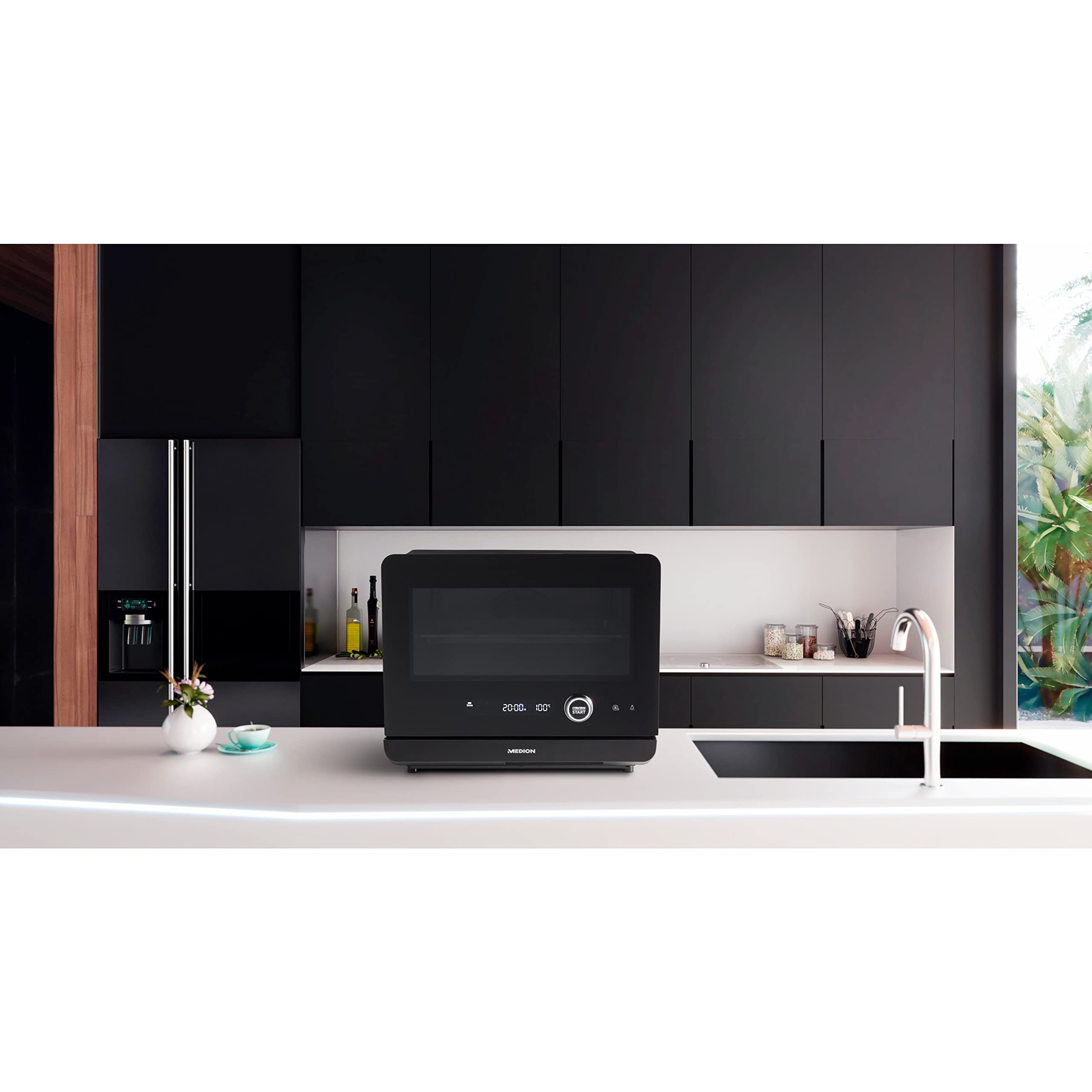 MEDION Dampfbackofen (Dampfgarofen, 2.150 Watt Dampfleistung, 1.500 Watt Heißluftleistung, freistehend, Wassertank, LED Display, Auftaufunktion, 40 Automatikprogramme, 35°C - 230°C, MD10450)