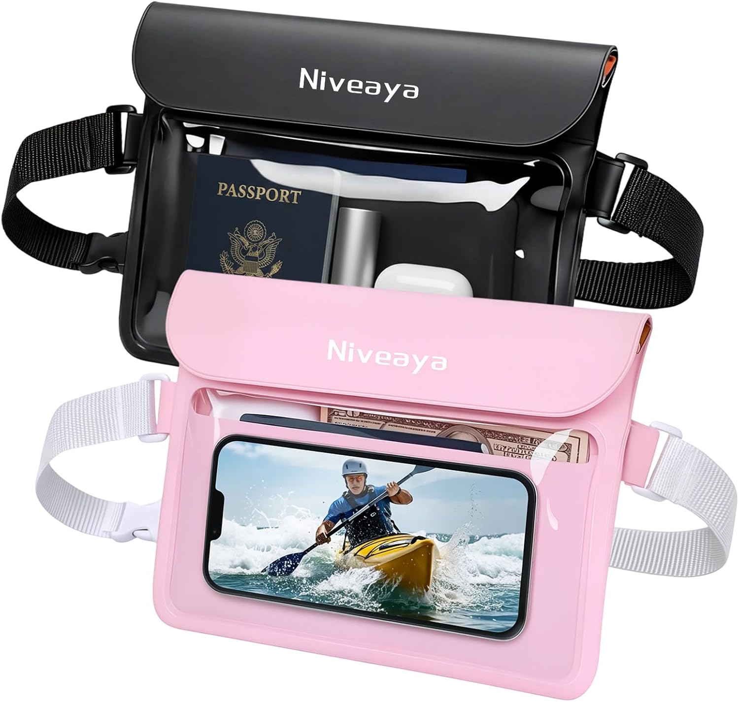 Niveaya IPX8 Waterproof Fanny Pack, Waterproof Pouch Dry Bag for Beach, Kayaking, Swimming, Boat Travel Cruise Essentials, Waterproof Phone Bag Passport Holder for Women Men(2 Pack)