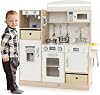 HOMASIS Play Kitchen with LED Children's Kitchen with 19 Accessories & Fabric Baskets Toy Kitchen with Sink Stove Oven Microwave Telephone Ice Maker Coffee Machine & Fridge Wooden Kitchen for