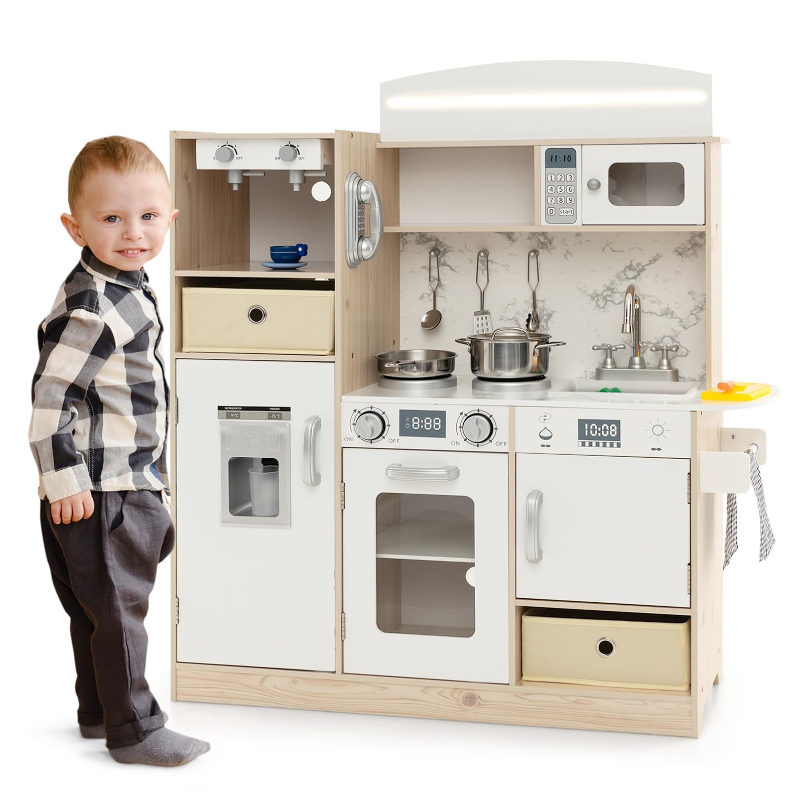 HOMASIS Cucina Giocattolo con Luci LED Regolabili, Cucina Realistica in Legno con Cestini in Tessuto Removibili, Macchina per Caffè, Frigorifero, Cucinetta per Bambini dai 3 Anni in su