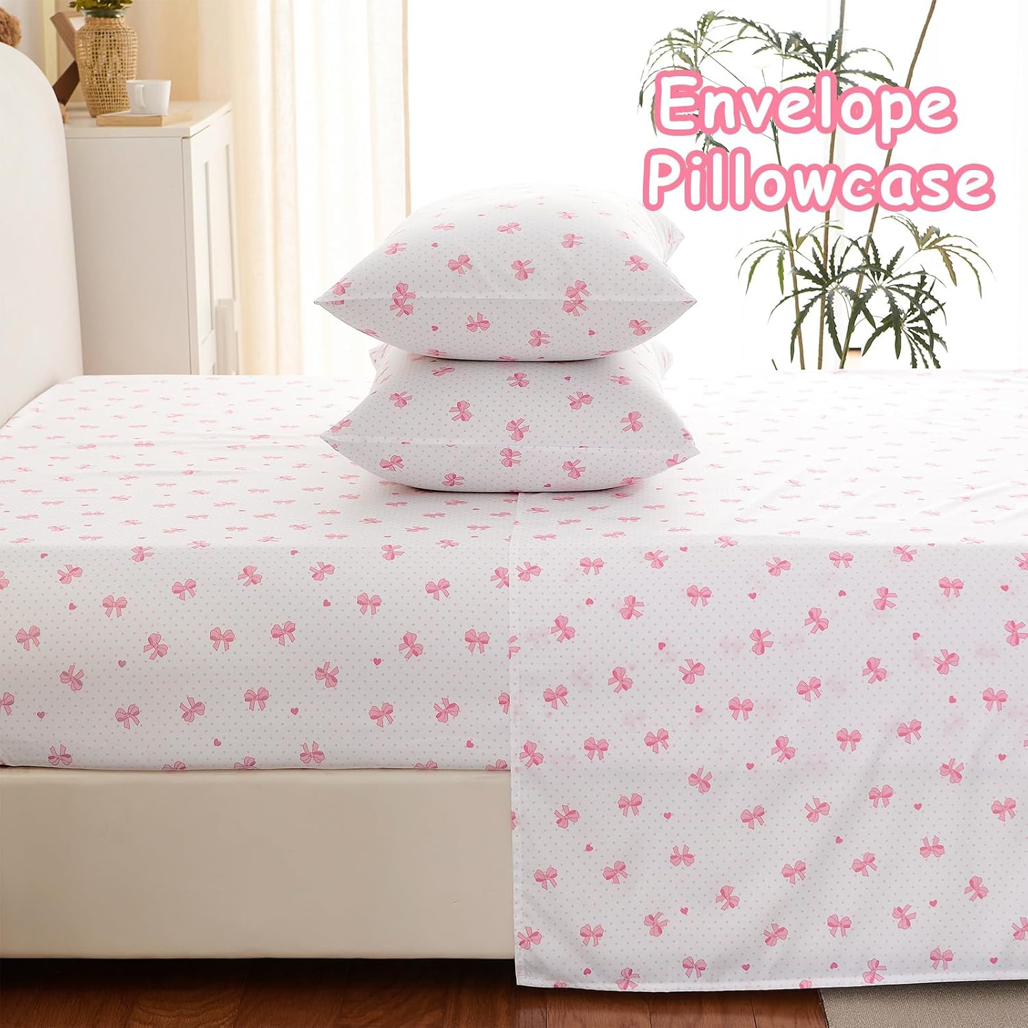 Nayoroom Queen Sheet Set - Cute Pink Bow Bed Sheets Set for Kids Girls, 4 Pieces Soft Microfiber Heart Bed Set with 1 Deep Pocket Fitted Sheet, 1 Flat Sheet, 2 Pillowcases