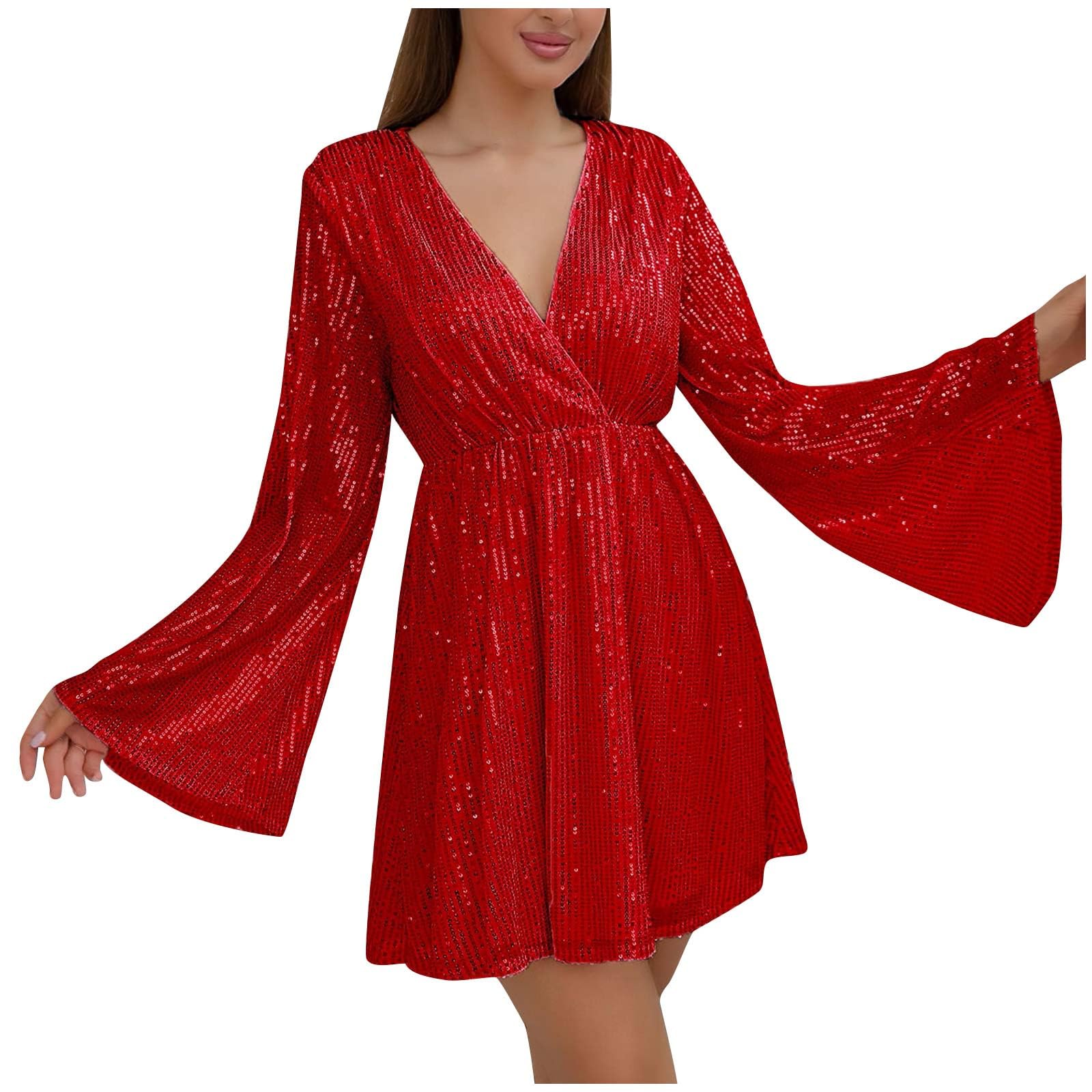 HAOLEI Abito da Donna con Paillettes Mini Vestiti Maniche Lunghe Donna in Pizzo Abito a Vita Alta Abiti in Paillettes Abiti a Maniches-Lunghes Vestito da Cerimonia Donna Formale