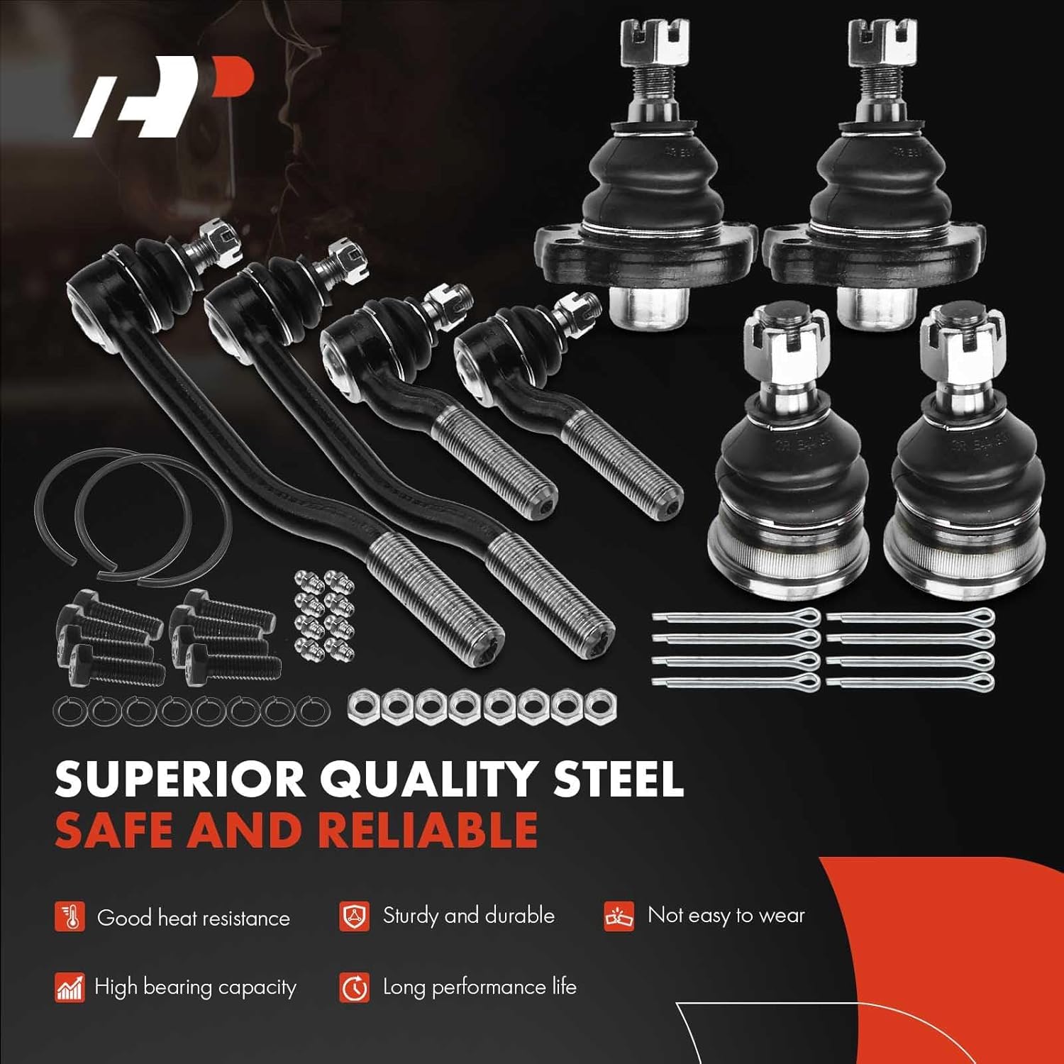 A-Premium Set of 8, Front Upper & Lower Ball Joint, Inner & Outer Tie Rod End, Compatible with Nissan Pickup 1995-1997, D21 1986-1994, RWD Only