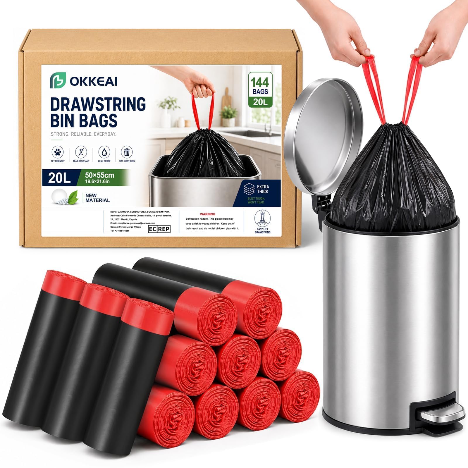 Sacchetti per la spazzatura da 20 l, colore nero, confezione da 144 piccoli sacchetti per la spazzatura con manici, resistenti alle perdite, durevoli, adatti per piccoli bidoni del bagno e interni