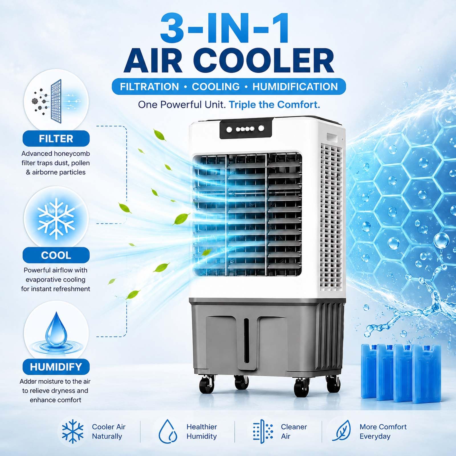 Climatizador Evaporativo Industrial, Sin Tubo con Botones, Ventilador Climatizador para Enfriar, Lamas Oscilantes, 4 Acumuladores de Frío, Temporizador 24 Horas, para Hogar y Oficina