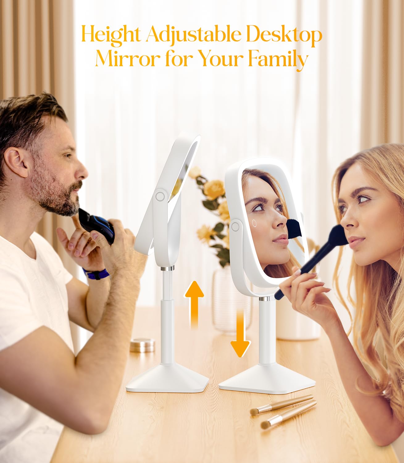 Gospire Rectangle Lighted Makeup Mirror with Lights and 1X/7X Magnifying Mirror, Height Adjustable and 4000mAh Rechargeable for Bedroom, 8.5”x7.4” Large Surface, Stepless Dimming - White