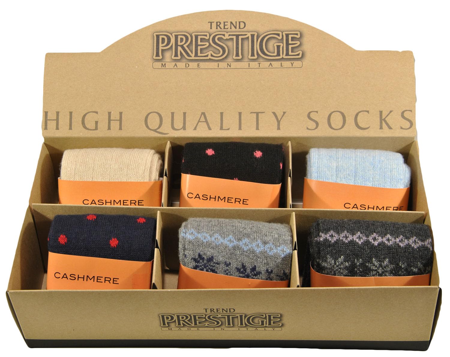 (6 Paar) Geschenktasche "Arabba" mit 6 Paar langen Damensocken, bunt, aus feinstem Woll-Kaschmirgarn - 100% Made in (Brescia) Italy, mehrfarbig, Einheitsgröße