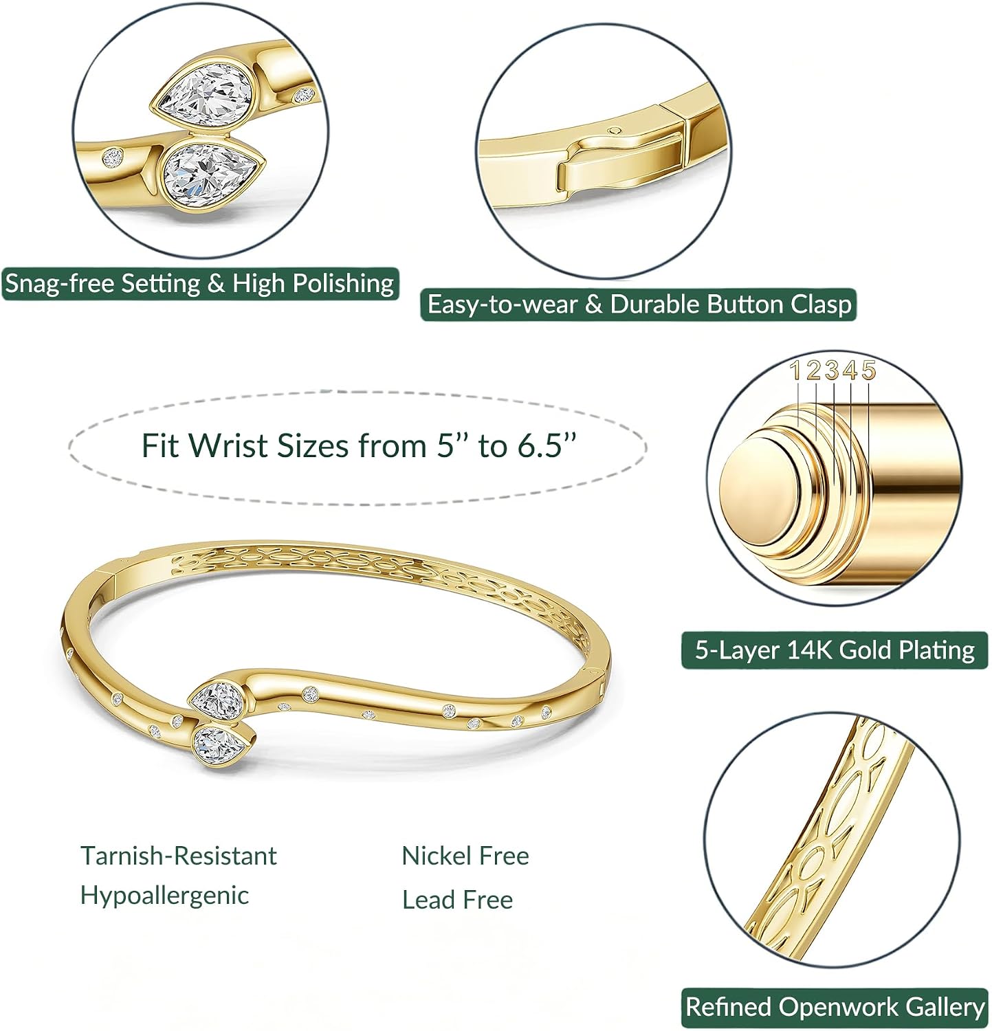 Gold Bracelets for Women - 14K Gold Plated Bangle Bracelet Non Tarnish Round Pear Cut Simulated Diamond Emerald Gemstones - Anniversary Birthday Graduation Gift for Wife Mom Daughter 6.5 Inch