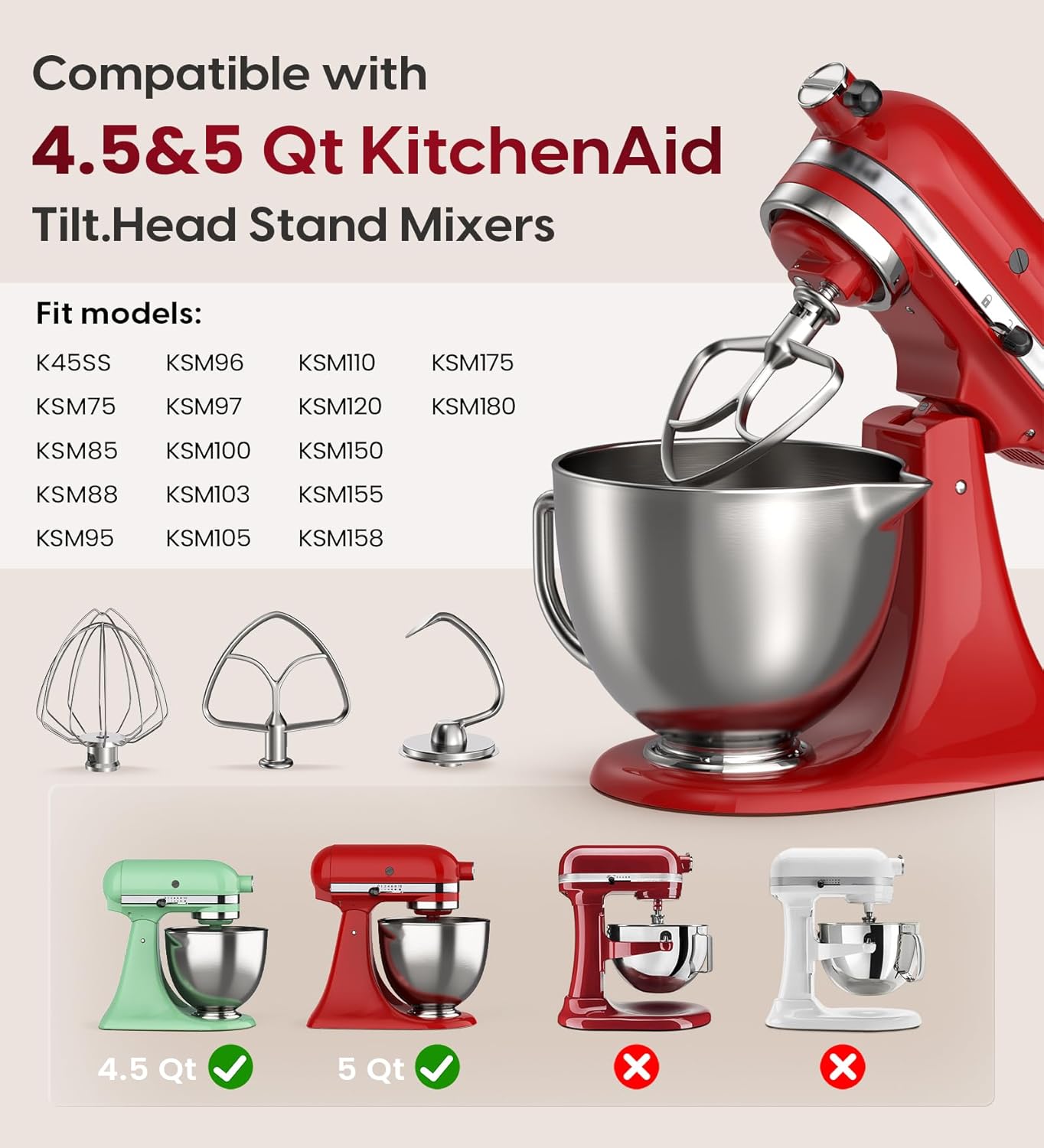 Stainless Steel Accessories 3 Piece Kit for KitchenAid 4.5 and 5 Quart Tilt-Head Stand Mixers, Includes 4.5-5QT Flat Beater, Dough Hook, K45WW 6-Wire Whisk for Kitchen Aid Attachments & 4.5-5 Qt Bowl
