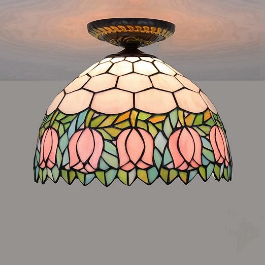 INSDCVZ 12 inch Tiffany plafondlamp, dimbare gebrandschilderde kroonluchters, E27 lamp, Victoria-stijl plafondlamp voor woonkamer, slaapkamer, hal, roze photo 3