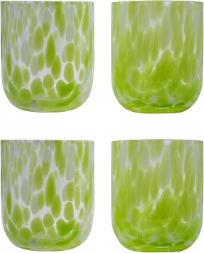 Stephanie Imports Set of 4 Handcrafted Double Old-Fashioned Confetti Drinking Glasses 12 oz Pear Green & White