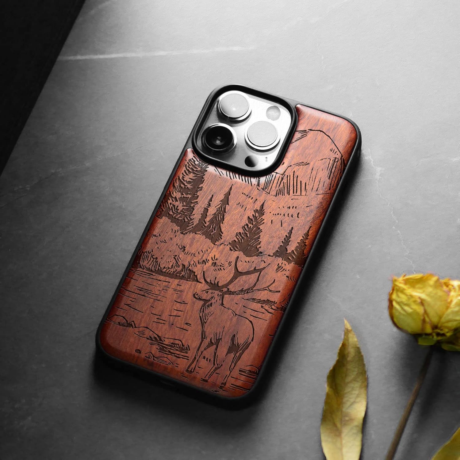 Carveit Magnetic Wood Case for iPhone 14 Pro Max [Natural Wood & Black Soft TPU] Shockproof Protective Cover Unique Wooden Case Compatible with magsafe (Mountains and Deer -Rosy)