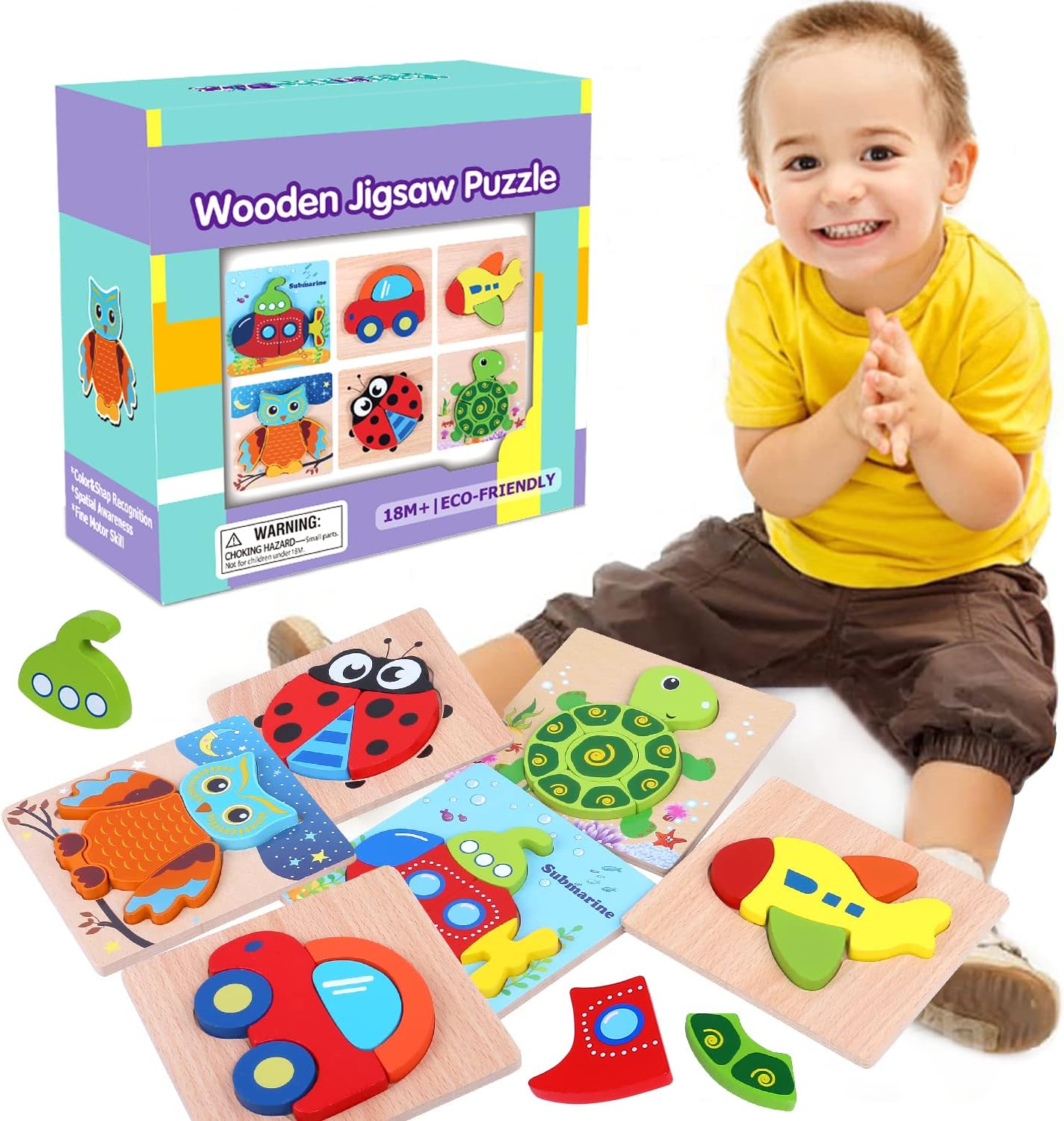 GINMIC 6 Pack Wooden Jigsaw Puzzles, Wooden Color Shapes Puzzles for Toddlers Ages 18 Months and up, Boys & Girls Educational Toys Gift with 3 Animals and 3 Vehicle Puzzles