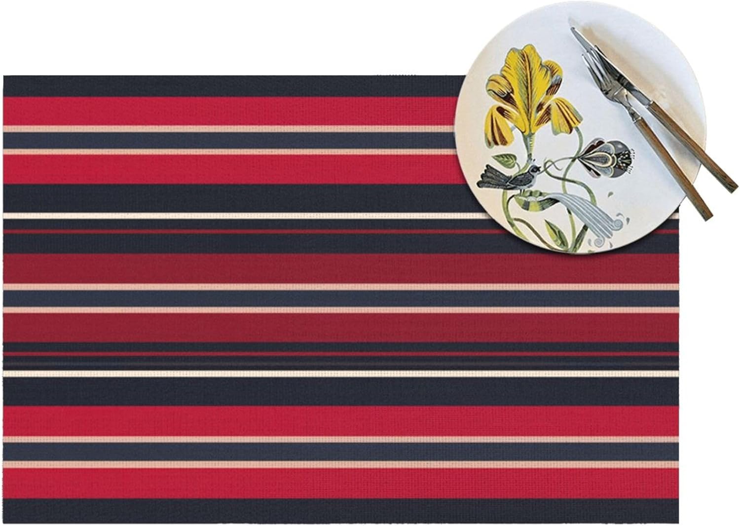 PVC Woven Placemats Set of 4, Place Mats Navy Blue and Red Stripes Rectangular Table Mats, Table Mat Wrinkle Free Placemat for Dining Patio Table Kitchen Decor