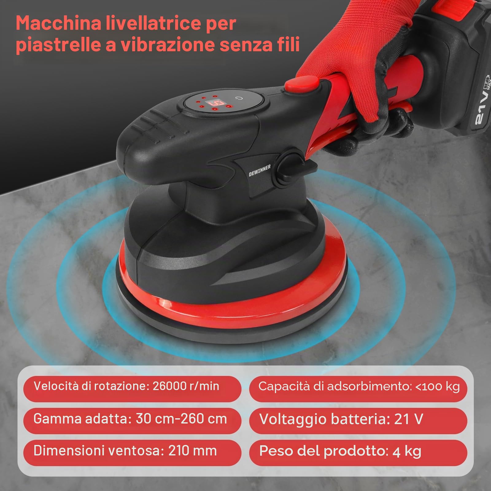 DEWINNER Strumento Di Vibrazione per Piastrelle - Ventosa Da 180 mm, Macchina per Piastrelle Elettrica a 6 Velocità Regolabile, Ventosa Vibrante per Piastrelle Da 0,3 a 2 M, Con 2 Batterie