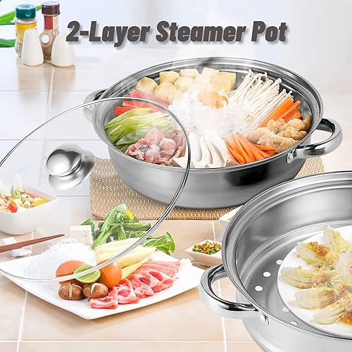 Miniatura 3 de Olla de vapor de 2 capas, olla doble caldera, olla de cocina de acero inoxidable con tapa de vidrio templado y asas dobles, funciona con horno de