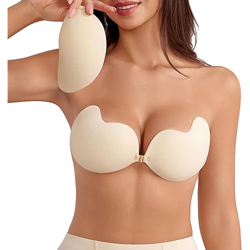 Rosefly Push Up Strapless Bra for Women, Backless Sticky Bra for Deep V Cleavage, Reusable AB Adhesive Bra