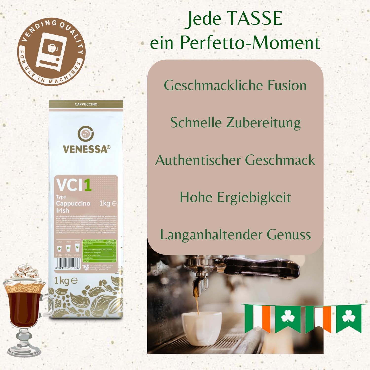 VENESSA VCI1 Cappuccino Irish 10 x 1 kg bardzo wydajny, opakowanie zapasowe, rozpuszczalna kawa irlandzka, aromatyczna, wszystkie ekspresy do kawy Vending & Office